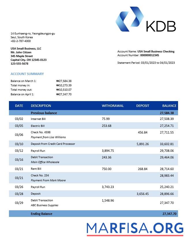 Downloadable KDB Group bank firm account statement Word and PDF template